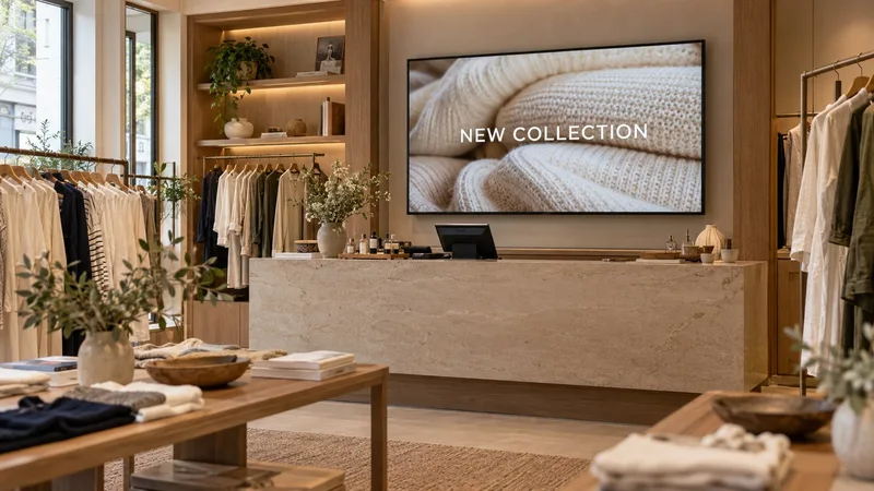 An upscale fashion boutique with a clearly visible digital campaign display
