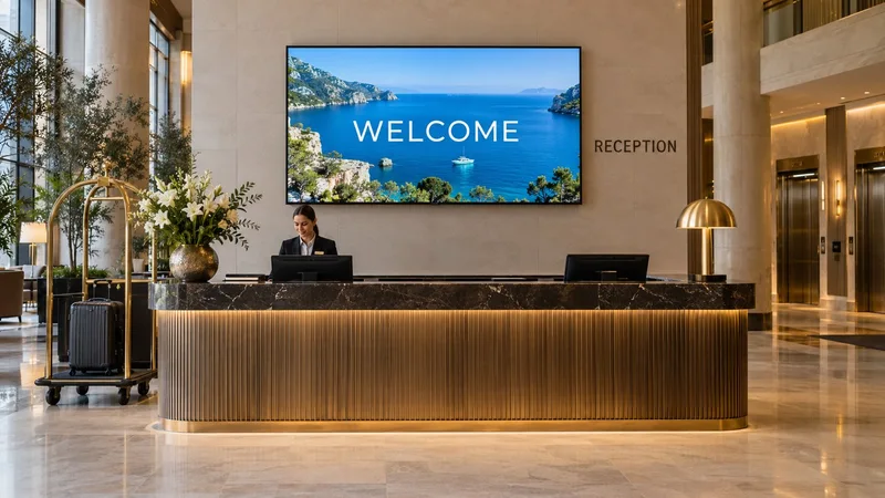 A grand hotel reception with a welcome display, staffed check-in desk and luggage trolley